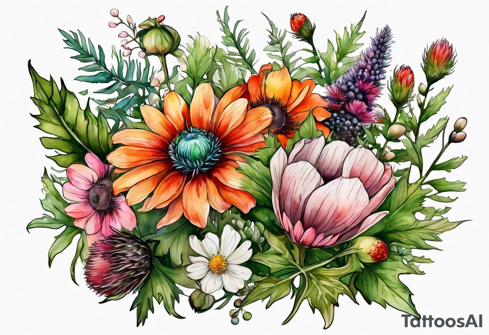 wildflowers with thistles, ferns, white anemones, sun flowers, orange flowers, green flowers, pink flowers, red flowers, berries and all in watercolor tattoo idea