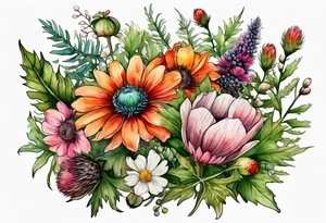 wildflowers with thistles, ferns, white anemones, sun flowers, orange flowers, green flowers, pink flowers, red flowers, berries and all in watercolor tattoo idea