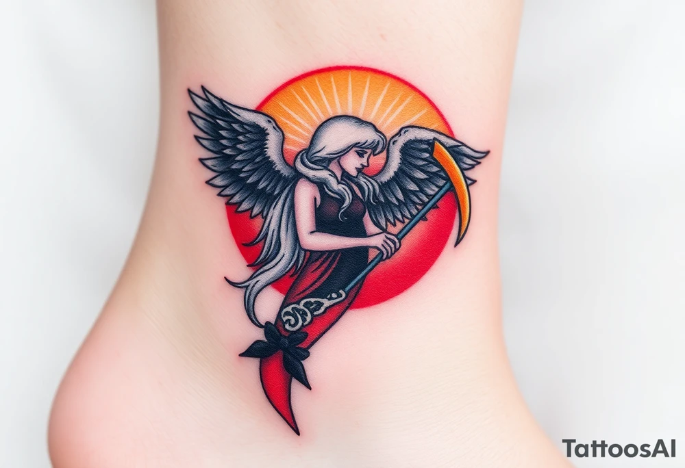 A black-winged angel with flowing silver hair, holding a glowing golden scythe, the background a vibrant mix of red and orange sunset hues. tattoo idea