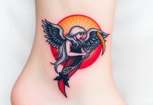 A black-winged angel with flowing silver hair, holding a glowing golden scythe, the background a vibrant mix of red and orange sunset hues. tattoo idea