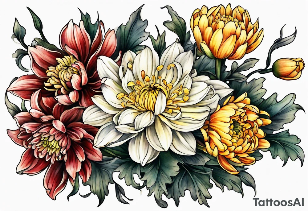Chrysanthemum and Narcissus intertwined tattoo idea