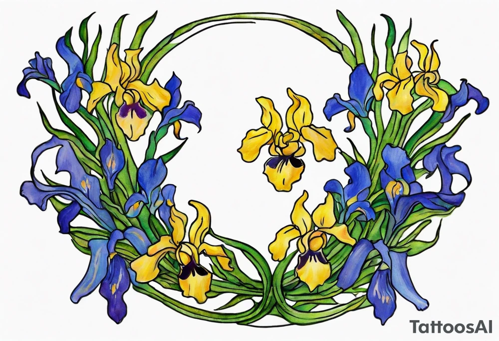 Create a small colorful Vincent van Gogh Irises tattoo in the form of a crescent, with vines gracefully intertwining at a central point in the middle of the wreath. Ensure that the design avoids the appearance of a bush and maintains a more structured and deliberate arrangement. The intended placement is on the upper chest. The overall design should be small in size while maintaining a delicate and artistic aesthetic. Pay attention to the graceful flow of the vines and the placement of the irises to achieve a refined and elegant look. tattoo idea