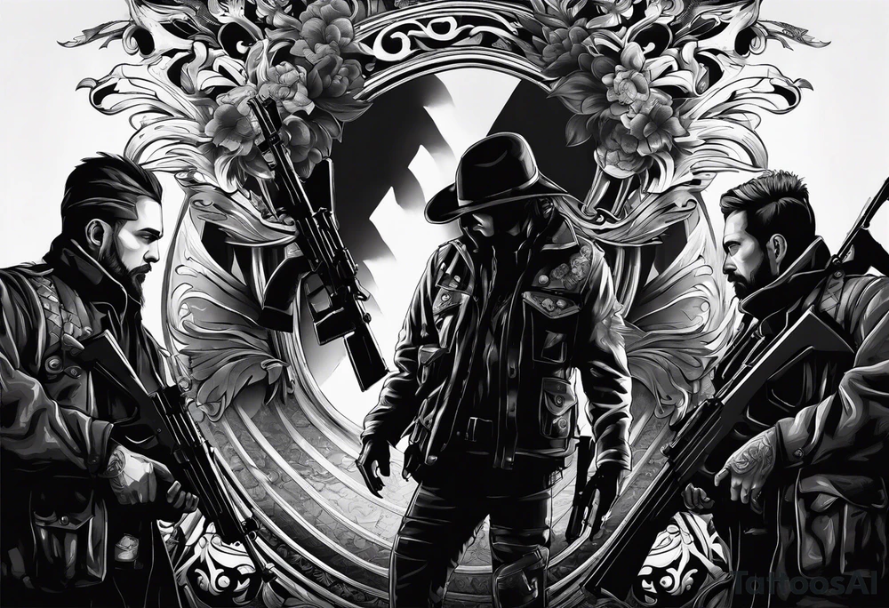 In the reflection of a eye two black siloets of people holding guns one man dead on the ground with a wounded woman standing behind him tattoo idea