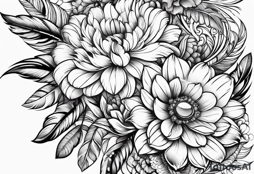 western pattern with feathers and flowers tattoo idea