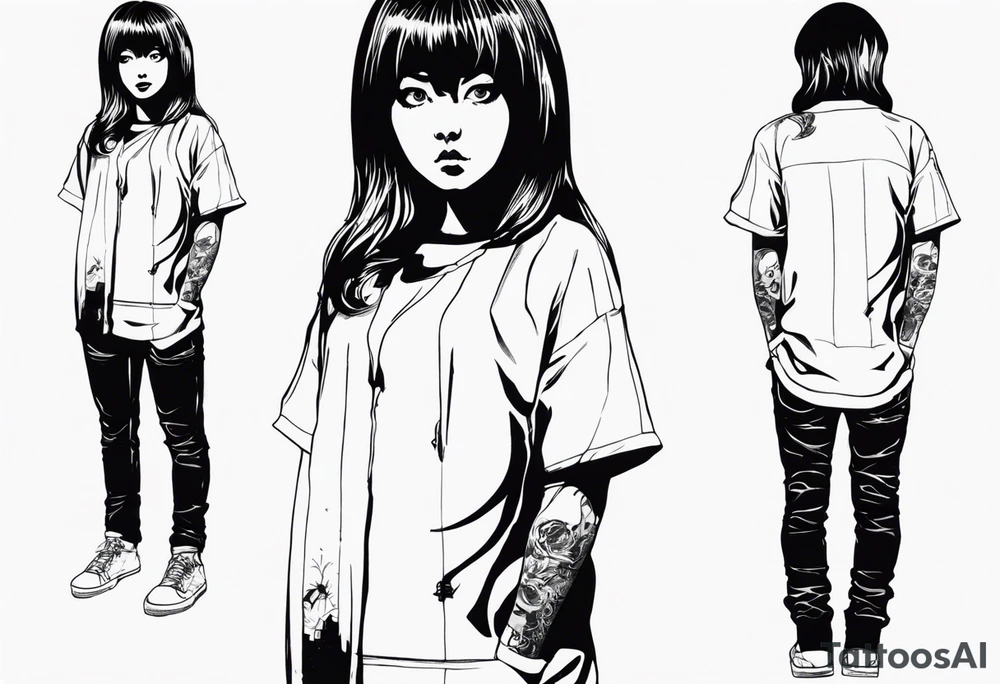 portrait of tomie standing up a character by the horror manga author junji ito full body standing menacingly. add more horror and gore elements tattoo idea