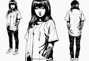 portrait of tomie standing up a character by the horror manga author junji ito full body standing menacingly. add more horror and gore elements tattoo idea