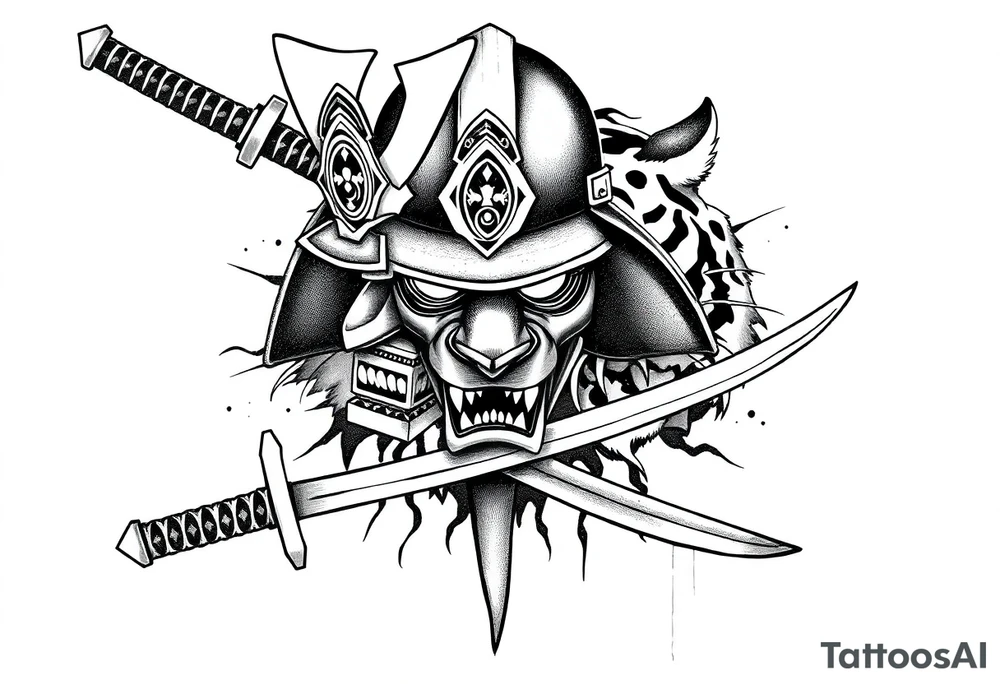 Samurai helmet resting on a katana blade, fierce tiger emerging behind it, traditional Japanese tattoo design, blackwork with soft grey shading, intense energy, bold line art, framed composition for forearm tattoo with full sleeve in mind, sketch ink style, minimal background, ration 2:3 vertical tattoo idea