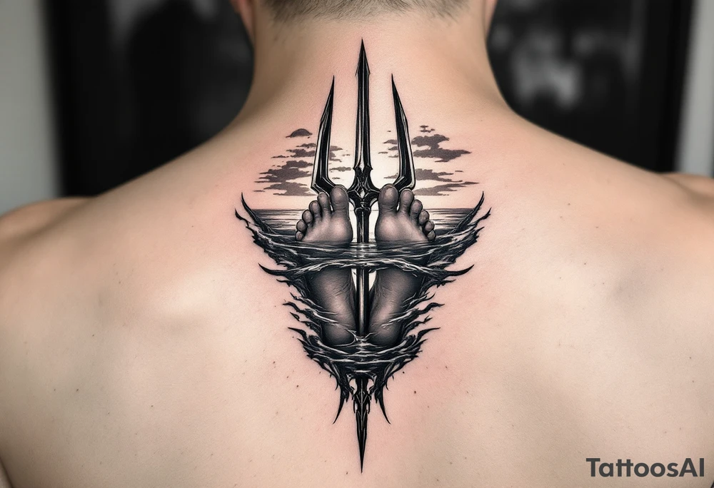 barefeet behind trident half way under water and sunset tattoo idea