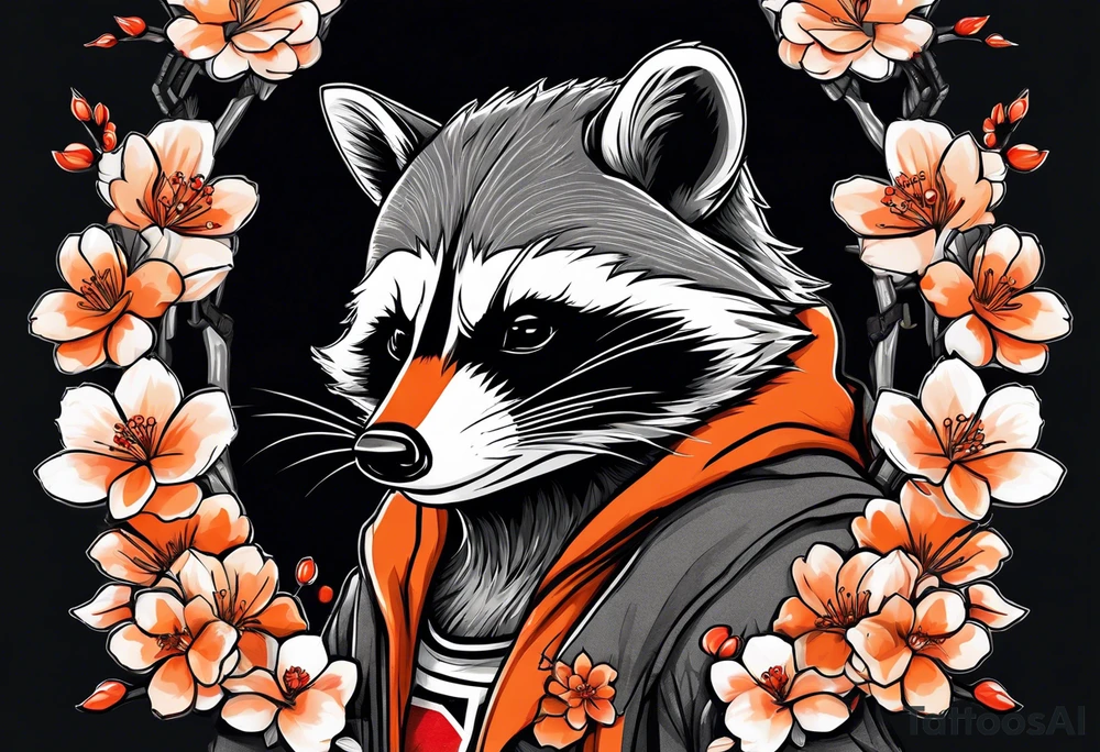 Raccoon wearing a white Superman logo on a black hoodie and orange Japanese cherry blossoms beside tattoo idea