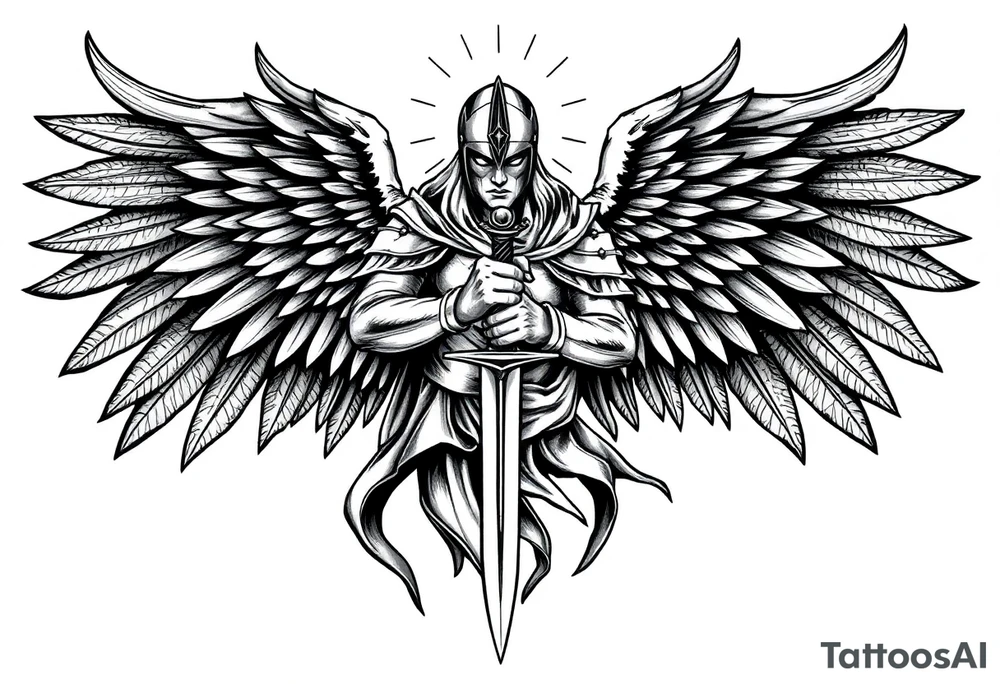 Holy Archangel, Biblical, Christianity, Hebrew, Guards of Christianity, Holding a sword, having six wings, wearing helmet, halo, seraphim, seek justice, walk only with God tattoo idea