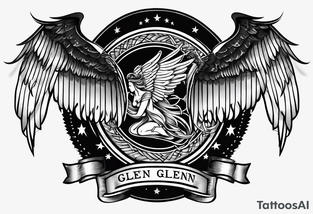 Simple tattoo with the word Glenn on a banner and angel wings tattoo idea