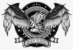 Simple tattoo with the word Glenn on a banner and angel wings tattoo idea