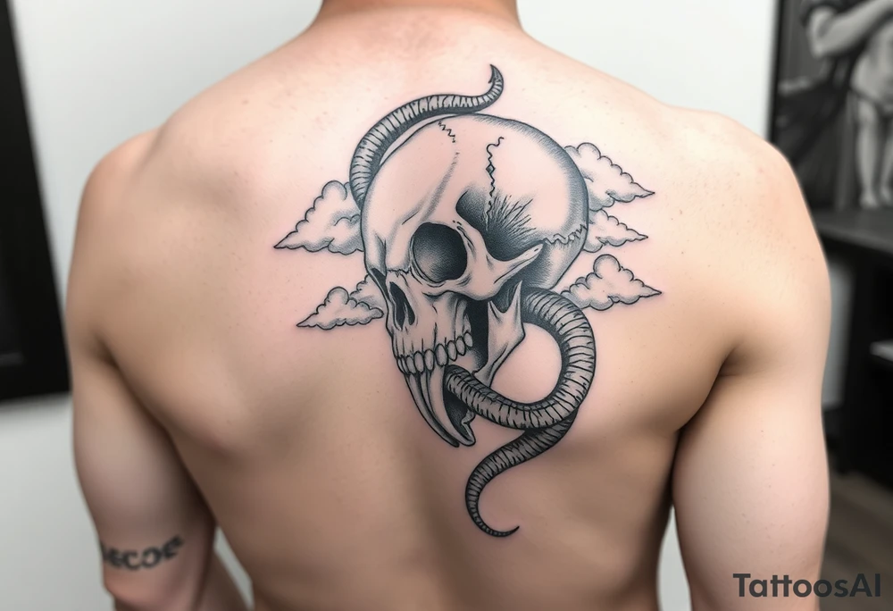 Upper right back to shoulder tattoo of realistic skull with rattlesnake and clouds. No color, except white for highlights. tattoo idea