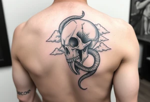 Upper right back to shoulder tattoo of realistic skull with rattlesnake and clouds. No color, except white for highlights. tattoo idea