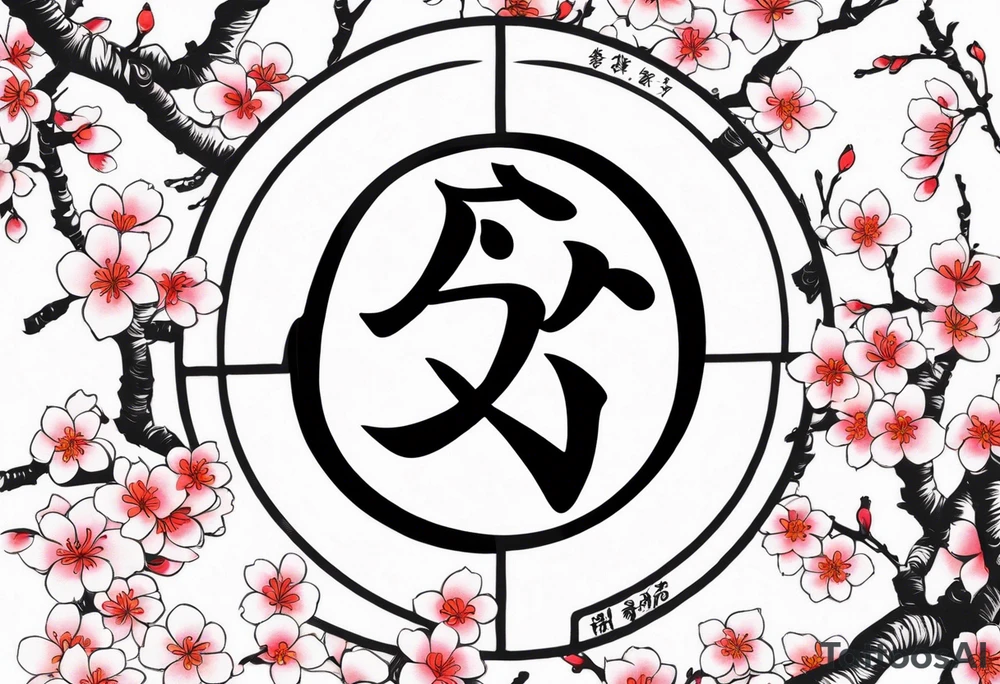kanji leter for shadow inside half circle with small cherry blossoms tattoo idea