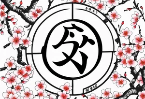 kanji leter for shadow inside half circle with small cherry blossoms tattoo idea