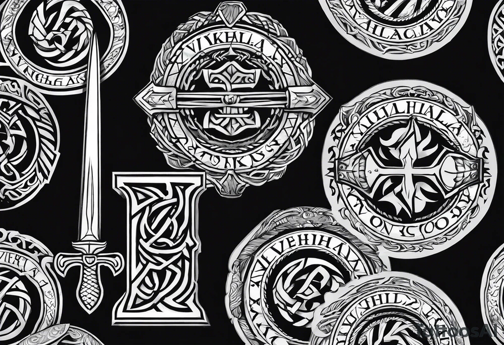 Valhalla viking gods shield hatchet sword tattoo idea