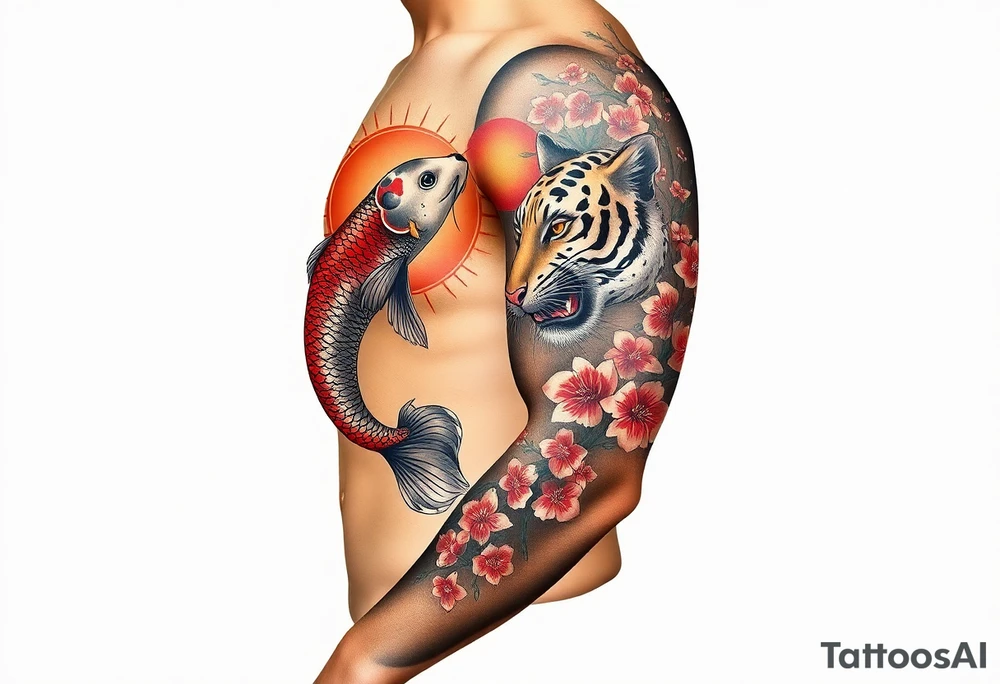 Full arm sleeve, one koi fish, one tiger, the sun, cherry blossom filler, beautiful tattoo idea