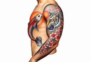 Full arm sleeve, one koi fish, one tiger, the sun, cherry blossom filler, beautiful tattoo idea