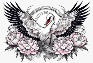Japanese crane flying through peonies tattoo idea