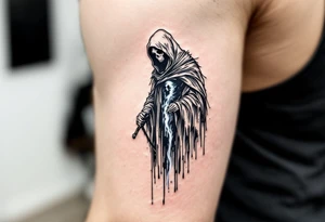 A Reaper drawn in black linework with a ghostly pale-blue scythe trailing mist. tattoo idea