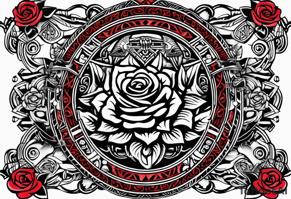 Design a masculine tattoo depicting three delicate rose buds being embraced and protected by 
Aztec weapons. The weapons should include elements such as the macuahuitl (Aztec sword-club)
, arranged in a way that forms a protective circle or embrace around the roses. Carve the entire image as if it were a stone sculpture by an ancient Aztec artist, with the texture resembling intricately detailed stone carvings. The roses should be slightly softer but still stylized in stone, giving the entire tattoo a powerful, yet artistic and ancient feel. Use bold, sharp lines to capture the essence of Aztec craftsmanship

Historically accurate tattoo idea