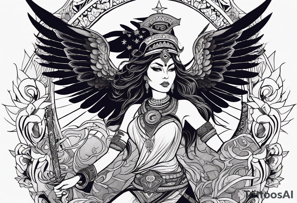 black kali, goddess pirate, alien, angel, pachamama, valkrye, warrior, flying, skull, lotus azul, wing, eagle, zenza resonance, stars, 5D, anahata chakra, death, durga, riding on a tiger, flying lady tattoo idea
