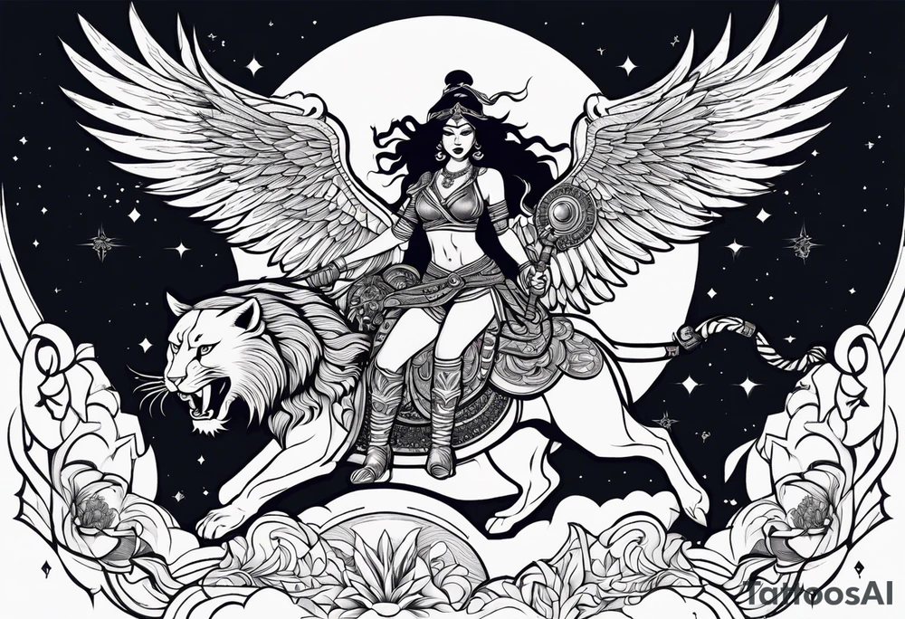 black kali, goddess pirate, alien, angel, pachamama, valkrye, warrior, flying, skull, lotus azul, wing, eagle, zenza resonance, stars, 5D, anahata chakra, death, durga, riding on a tiger, flying lady tattoo idea