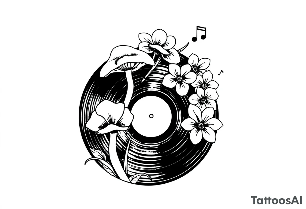 one black and white vinyl record with mushrooms, orchids, and music notes around it tattoo idea