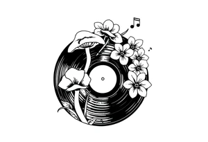 one black and white vinyl record with mushrooms, orchids, and music notes around it tattoo idea
