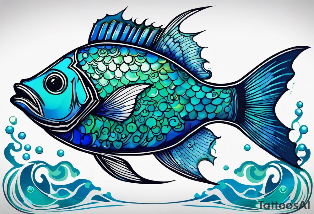 “A highly detailed and artistic tattoo design featuring a large, majestic fish riding on top of realistic tank treads. The fish should have vibrant, shimmering scales in shades of blue and green. The tank treads should be intricately designed with visible gears and metal links, emphasizing a mechanical look. The background should blend underwater elements with mechanical parts, including bubbles and smaller fish. The overall style should combine realism with a fantasy element, making it perfect for a unique and eye-catching tattoo.” tattoo idea