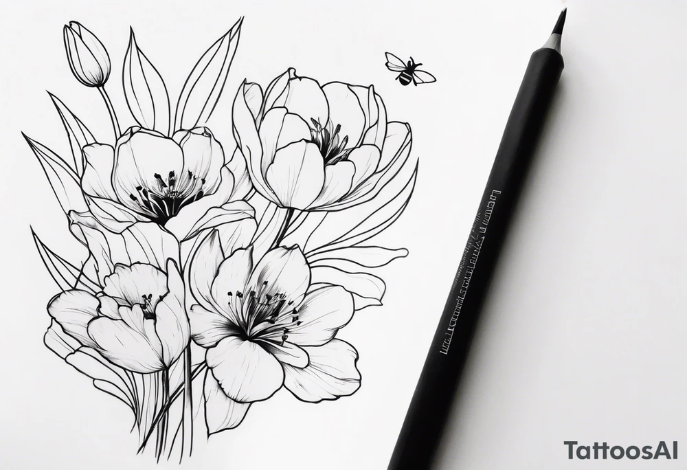 Verticle arm placement of dainty TULIPS, LILLIES, DRAGONflower, poppy, bees, peony, forearm tattoo idea