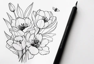 Verticle arm placement of dainty TULIPS, LILLIES, DRAGONflower, poppy, bees, peony, forearm tattoo idea