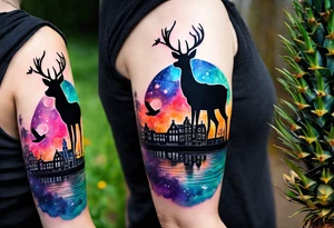 Watercolour arm tattoo of stag deer and birds in Amsterdam canal featuring Amsterdam houses in space and galaxies featuring pineapples and galaxy colours featuring stag and pineapples tattoo idea