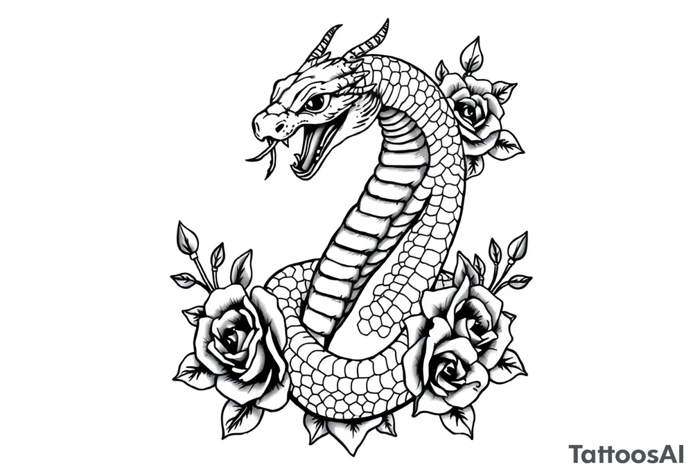 powerful majestic snake surrounded by rose ornaments tattoo idea