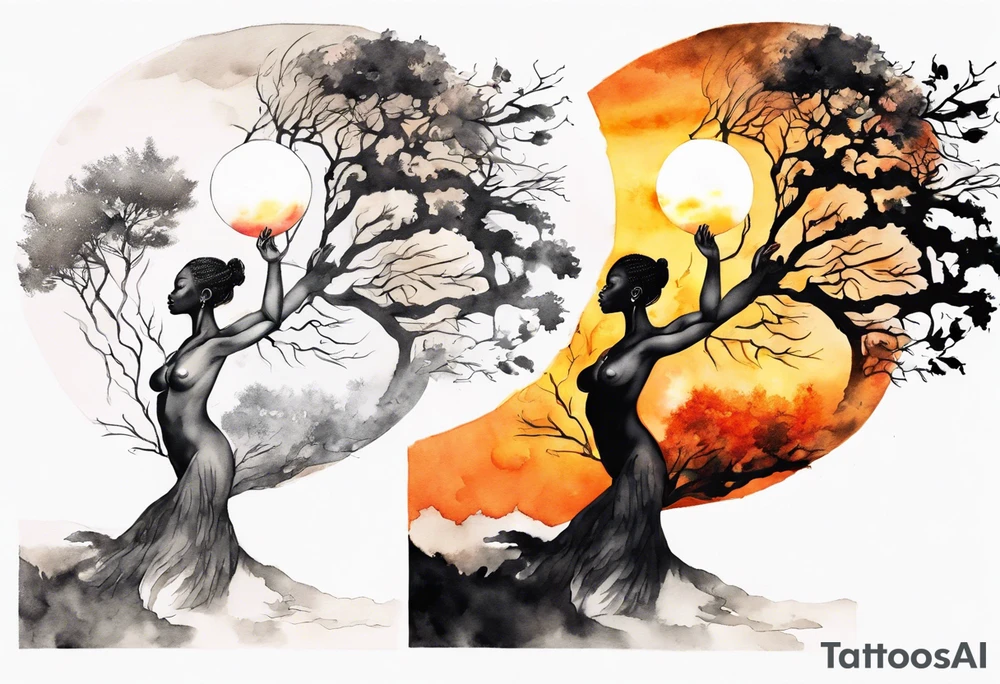 a tree woman reaching towards a blazing sun in the sky, black woman tattoo idea