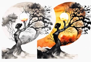 a tree woman reaching towards a blazing sun in the sky, black woman tattoo idea
