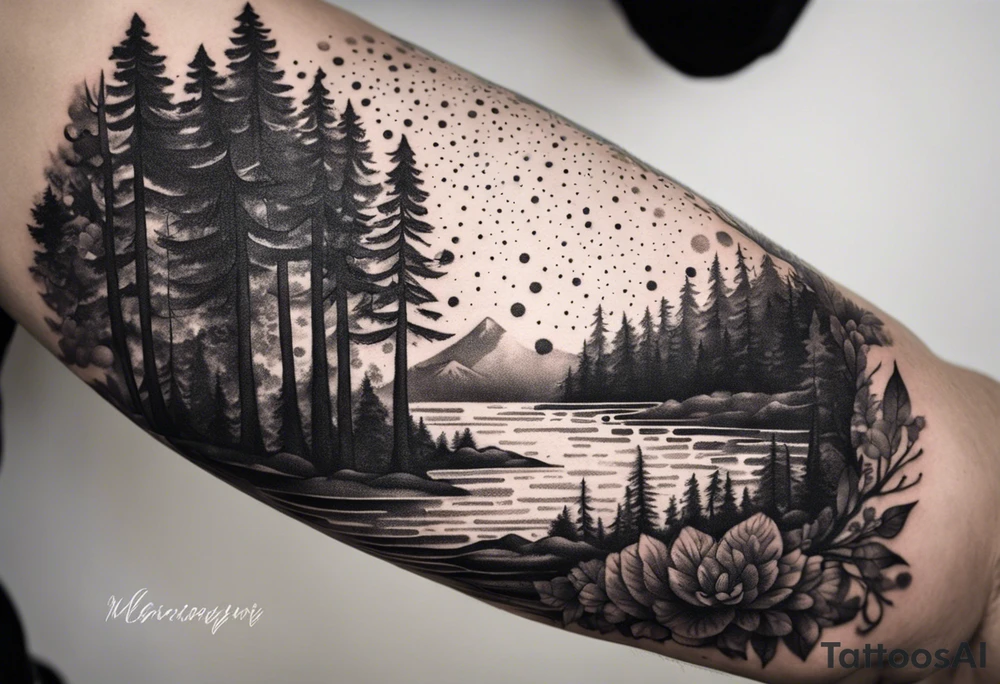 Mexican American inspired Tattoo that incorporates being a father,  love for family and importance of building wealth. Include elements of the Pacific Northwest Forrest on shoulder tattoo idea