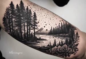 Mexican American inspired Tattoo that incorporates being a father,  love for family and importance of building wealth. Include elements of the Pacific Northwest Forrest on shoulder tattoo idea