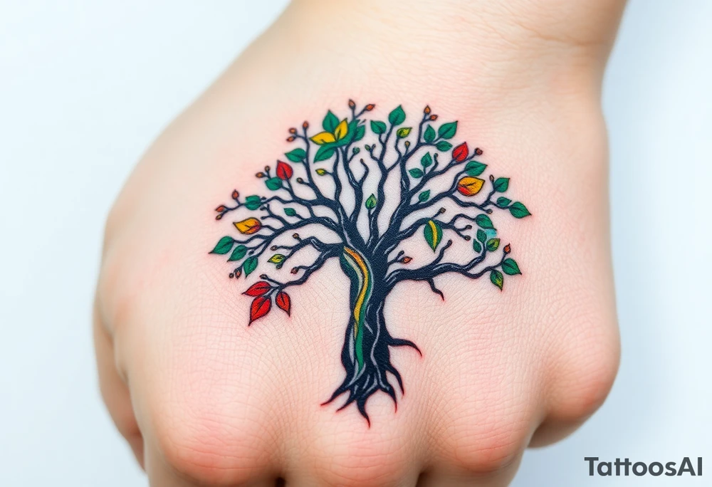 Vibrant tree of life Jamaican and Irish colours tattoo idea