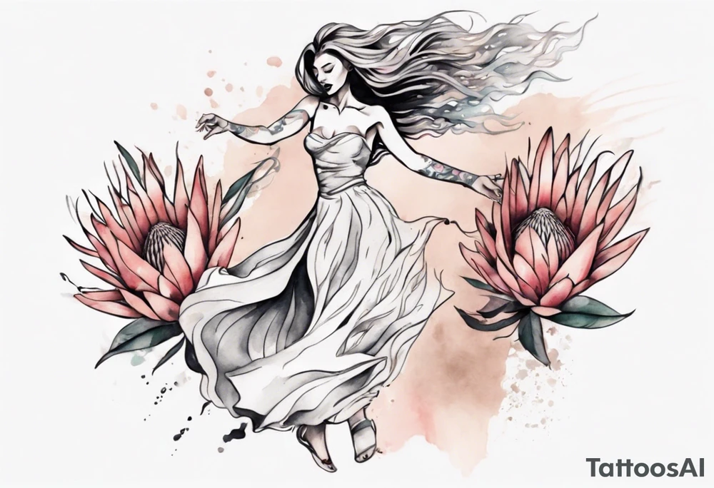 Very feminine tattoo with a woman dancing in a wind of protea flowers tattoo idea