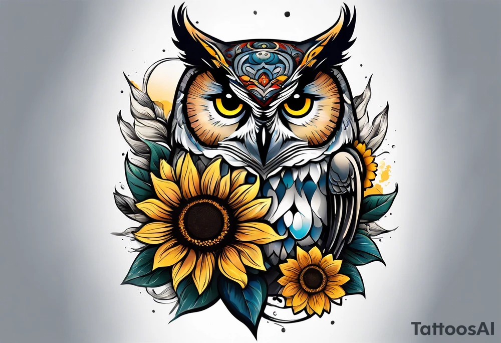 Sleeve with an owl, sunflower and butterfly tattoo idea
