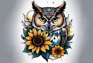 Sleeve with an owl, sunflower and butterfly tattoo idea