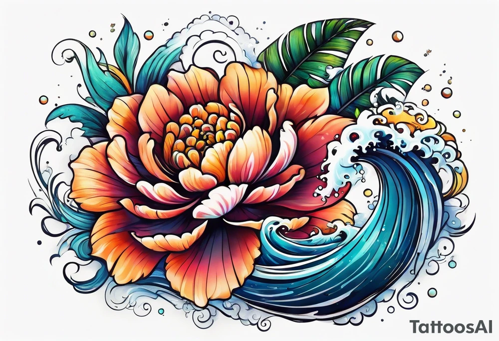 sea, flower, palm, animal tattoo idea