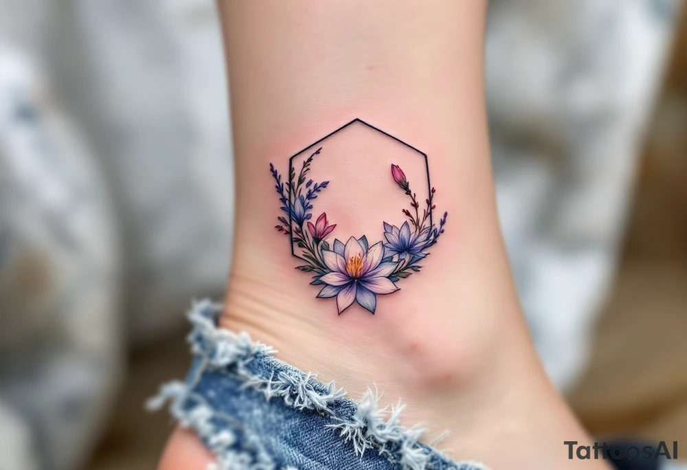 Faint Hexagon with Leo, larkspur and water lilies in the center tattoo idea