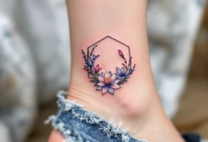 Faint Hexagon with Leo, larkspur and water lilies in the center tattoo idea