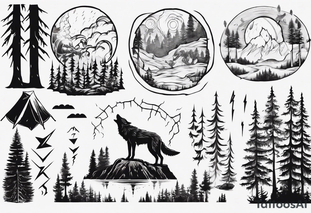 a thunder and lightning storm over a forest with a distant wolf howling and a drums tattoo idea