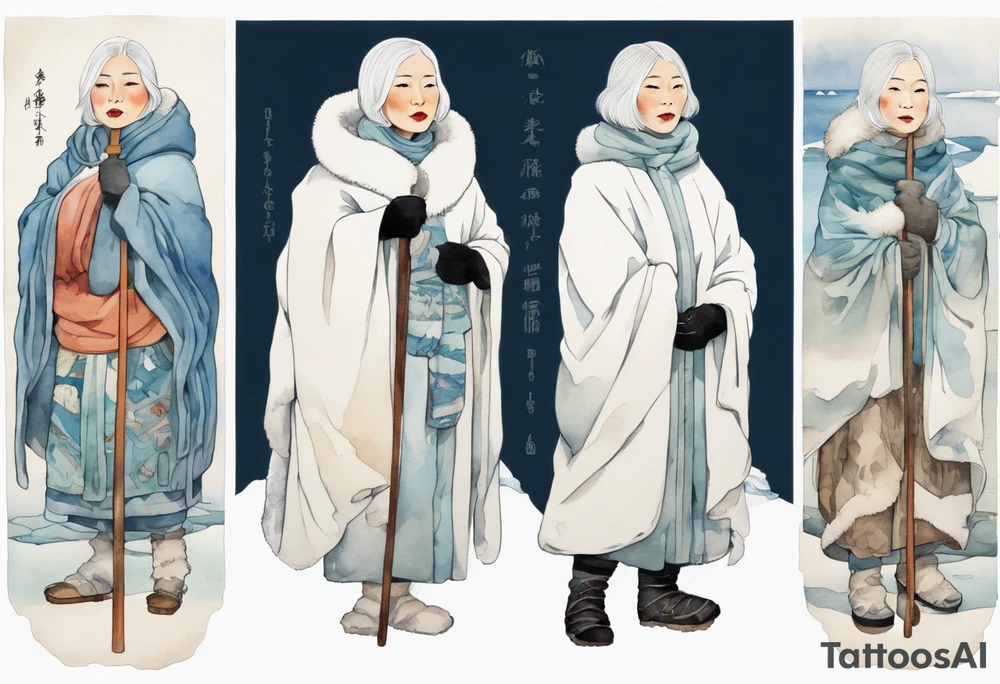 a middle aged Inuit woman with white hair, wearing mittens, wearing a white cloak, holding a white staff, wearing mukluks, standing on an iceberg in the sea tattoo idea