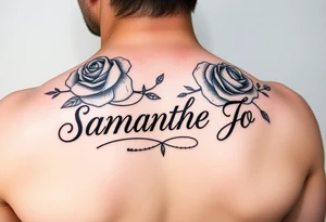 Name Samantha Jo with roses behind tattoo idea