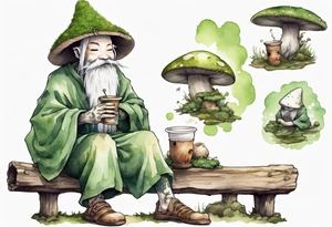 a kodama wearing a mushroom hat and a mossy beard and a medieval tunic drinking from a wood cup, sitting on a bench smiling tattoo idea